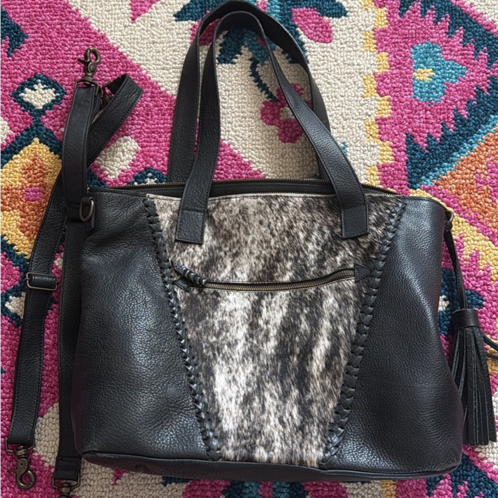 Western & Co Black Leather Tote with Gray Haircalf Panel